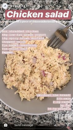 chicken salad on a plate with a fork in it and an advertise for the recipe