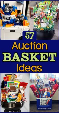 an auction basket filled with lots of items and text overlay reads,'77 auction basket ideas '