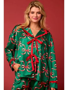 Satin Bow Prints Tie Front Ruffle Detailed Long Sleeve Pajama Set - Collared - Long sleeves - Chest pocket - Contrast ruffle Satin Pjs, Lapel Top, Satin Set, Bow Print, Christmas Pajama Set, Green Bows, Ruffled Collar, Green Ribbon, Satin Bow