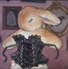 a painting of a stuffed animal wearing a black corset and holding a mirror