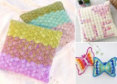 four different crocheted pillows, one with a butterfly on it