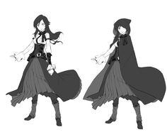 an anime character with long black hair wearing a cloak and holding her hands out to the side