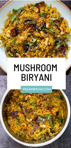 mushroom biriyan in a white bowl with text overlay