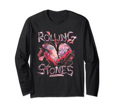 a black long sleeved t - shirt with the rolling stones logo in pink and red