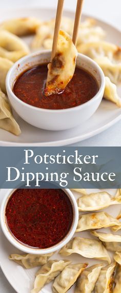 two plates filled with dumplings and dipping sauce