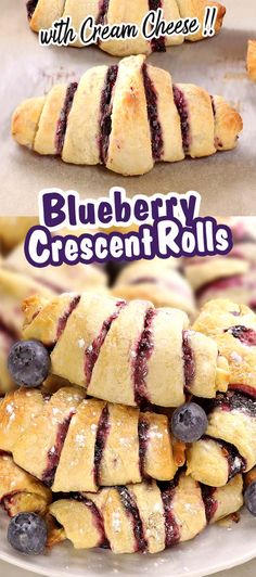 blueberry crescent rolls with cream cheese on top are stacked up and ready to be eaten