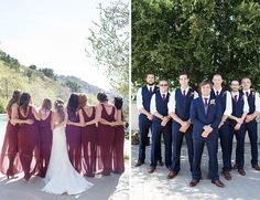 the bride and groomsmid are posing for pictures with their bridal party in burgundy