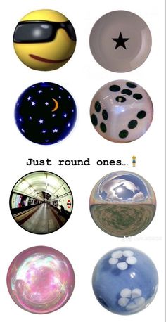 several different types of glass balls with the words just round ones