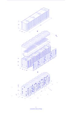 an architectural drawing of two buildings, one in blue and the other in white with text