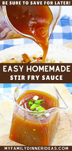 homemade stir fry sauce is being poured into a glass pitcher