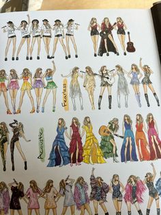 an open book with drawings of women in different outfits