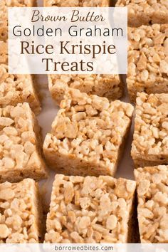 brown butter golden graham rice krispie treats stacked on top of each other with text overlay