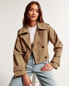 Women's Cropped Trench Coat | Women's Coats & Jackets | Abercrombie.com Short Trench Coat Women, Casual Trench Coat, Cropped Trench Coat, Outerwear Trends, Short Trench Coat, Printed Pleated Skirt, Crop Top And Shorts, Trench Coats Women, Fall Jackets