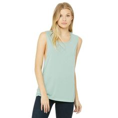 Bella + Canvas Ladies' Flowy Scoop Muscle Tank - B8803, Bella + Canvas, B8803, DUSTY BLUE, M, T-Shirts, Womens Blank Muscle Tank Tops;Drapey Fit, 3.7 oz., 65% polyester, 35% viscose; 30 singles; Athletic Heather is 52/48 poly/viscose; Slub - 3.8 oz., 50% poly, 37.5% combed ringspun cotton, 12.5% rayon, 30 singles; Marbles - 3.5 oz., 91/9 poly/combed ringspun cotton, 40 singles; Low cut armhole; easy, drapey fit; Curved bottom hem; sideseamed; Tear-away label Gender: female.  Age Group: adult.