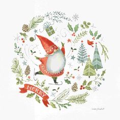 a christmas card with an image of a bird in a wreath and holly decorations around it