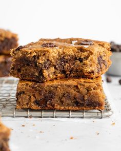 chocolate chip cookie bars stacked on top of each other