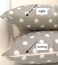 two pillows with white polka dots on them and the words right, wrong, and right