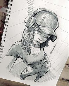 a drawing of a girl with a helmet on her head