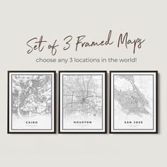 three black and white maps with the words, set of 3 framed maps choose any locations in