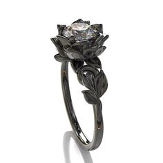 Luxury Black Promise Rings, Elegant Black Flower Promise Ring, Elegant Black Flower Ring For Anniversary, Elegant Black Flower Ring For Wedding, Elegant Black Flower Ring, Black Promise Rings With Rose Cut Diamonds, Black Flower Ring For Wedding, Engagement Ring Leaf, Nature Wedding Ring