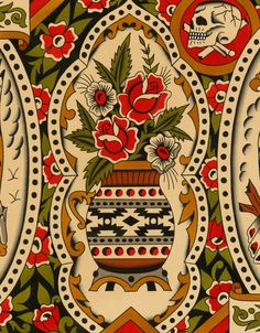 an intricately designed wallpaper with flowers and skulls