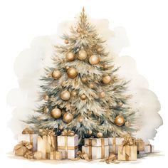 a watercolor painting of a christmas tree with presents under it and gold balls on the top