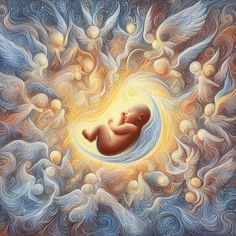 a painting of a baby in the center of an orange and blue swirly background