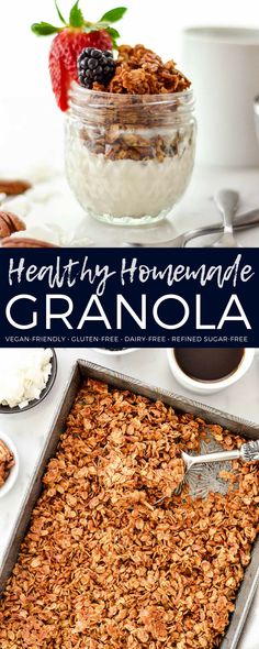 healthy homemade granola in a baking pan with berries and yogurt on the side