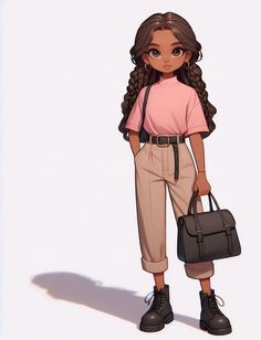 a cartoon girl holding a briefcase and wearing a pink shirt is standing in front of a white background