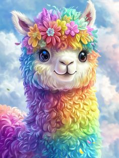 a colorful llama with flowers on its head and clouds in the sky behind it