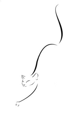 a black and white drawing of a cat with its tail curled up in the air