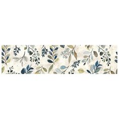 a white and blue wallpaper border with leaves on the bottom, in various colors