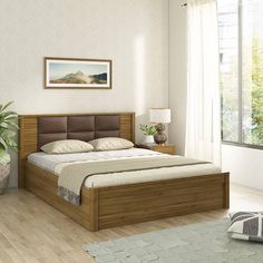 a bedroom with a bed, nightstand and potted plant