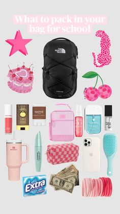 What to pack in your bag for school💋 Clothes You Need For School, Pack My School Bag With Me, What To Put In Your School Bag, School Bag Organization, Back Packing, Road Trip Bag