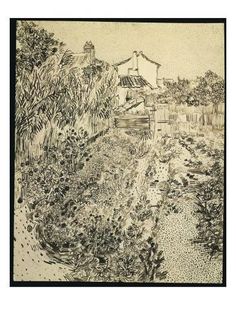 a drawing of a garden with trees and flowers in the foreground, on a beige background