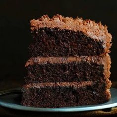 a slice of chocolate cake on a plate with a fork