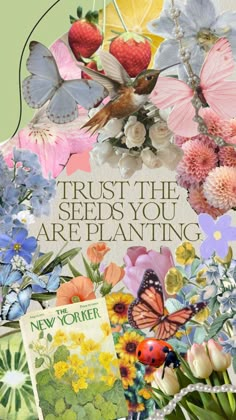 a collage of flowers and butterflies with the words trust the seeds you are planting