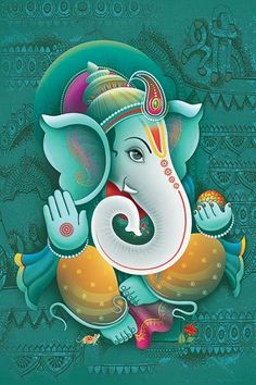 an elephant is painted on the side of a green background with ornate designs and colors