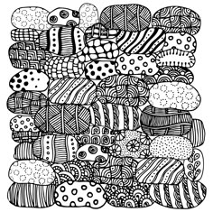 an abstract black and white drawing with lots of different things on it, including mushrooms