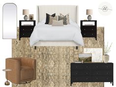 the bedroom is decorated in neutral tones and black, white, and gold colors with touches of color