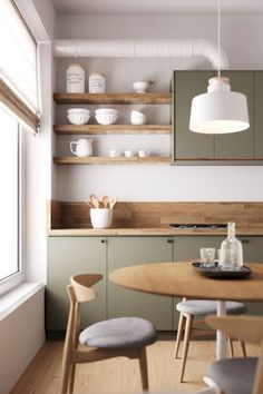 the kitchen is clean and ready to be used for dinner or lunchtime, with no one in it