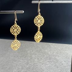 "Flower Earrings, Lacy Earrings, Bohemian Earrings, Dangle Earrings, Drop Earrings, Lace Earrings, Lightweight Earrings, Bridesmaid Earrings These beautiful  earrings have a delicate blend of femininity and edge. Light enough for every day yet filled with elegant beauty for your special occasions. Material: Gold Plated Brass / Silver Plated Brass/ Oxidized Silver Plated Brass Length - Link: 1/2\" Length - Total: 1 3/4\" Width: 1/2\" Earring Backings: Each pair of earrings includes a set of clear Black Earrings Dangle, Elegant Beauty, Lace Earrings, Earrings Bridesmaid, Earrings Bohemian, Lightweight Earrings, Bohemian Earrings, Earrings Drop, Delicate Earrings