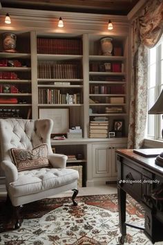 a white chair sitting in front of a window next to a desk and bookshelf