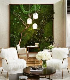 a living room filled with furniture and a green wall