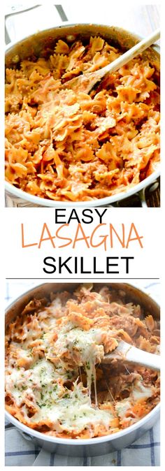 an easy lasagna skillet recipe is shown in two different pictures, with the title above it