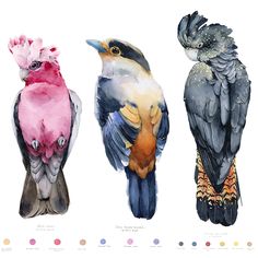 three birds are painted in different colors and sizes, one is pink, the other is blue