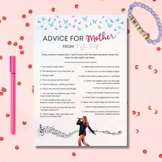 an advertise for mother's day with music notes and a pink pen