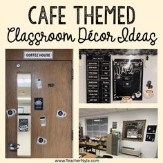 a collage of photos with the words cafe themed classroom decor ideas on them and pictures