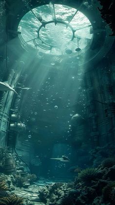 an underwater scene with stairs leading to the water