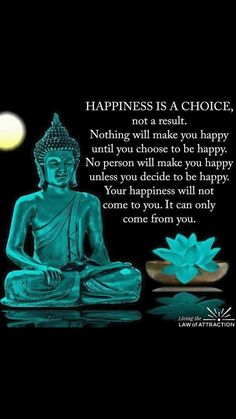 a buddha statue sitting on top of a table next to a blue lotus flower and the words happiness is a choice